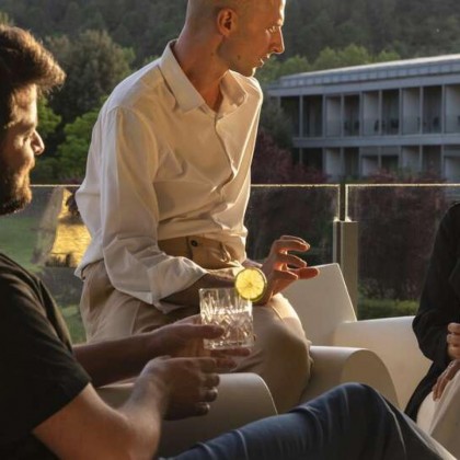 Romantic getaway in idyllic surroundings with glass of cava and chocolates